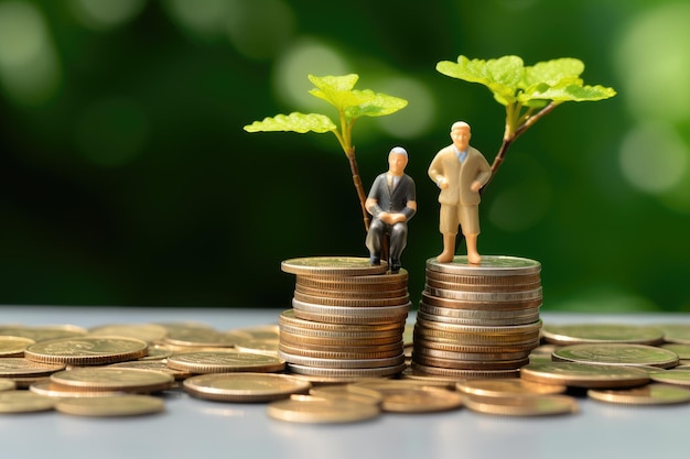 Miniature of old couple on top of stacked coins