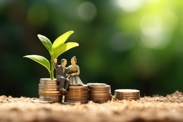 Miniature of old couple on top of stacked coins