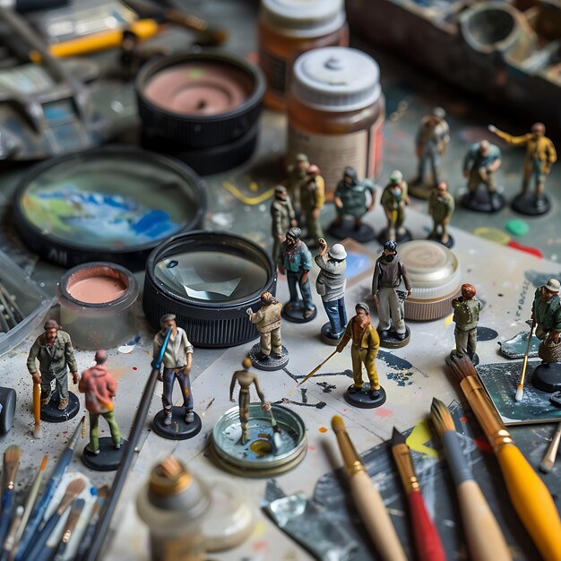 Photo miniature painting workshop table with paint brushes paints and figures