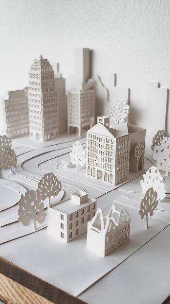 Photo a miniature paper cityscape with white buildings and trees agnst a white background