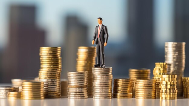 Miniature people business man standing with stack of coin