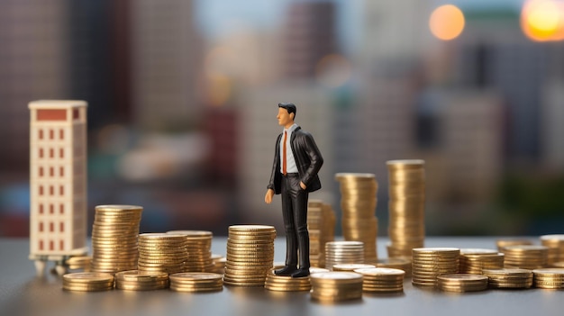 Miniature people business man standing with stack of coin