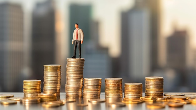 Miniature people business man standing with stack of coin