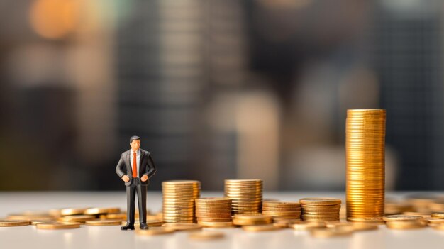 Miniature people business man standing with stack of coin