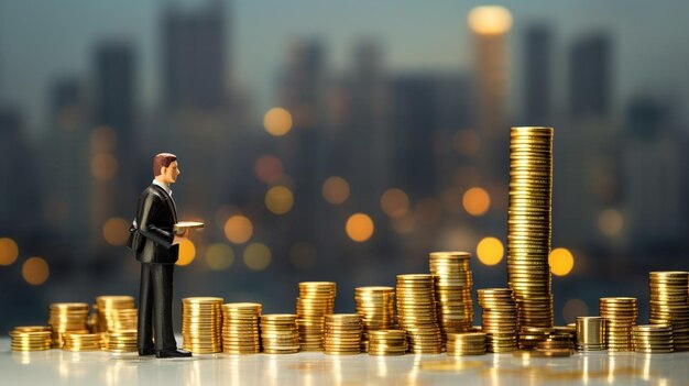 Miniature people business man standing with stack of coin