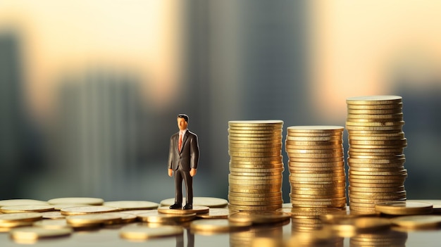 Miniature people business man standing with stack of coin