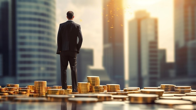 Miniature people business man standing with stack of coin