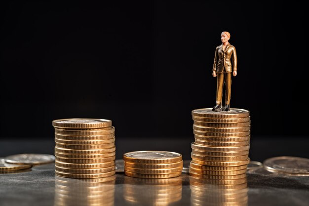 Miniature people Businessman standing on stack of coins with black background