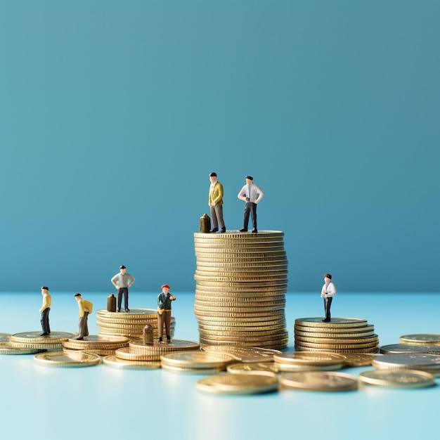 Miniature people businessman standing on stack of coins with blue background