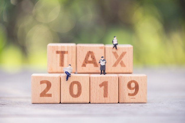 Miniature people, businessmen word block TAX 2019