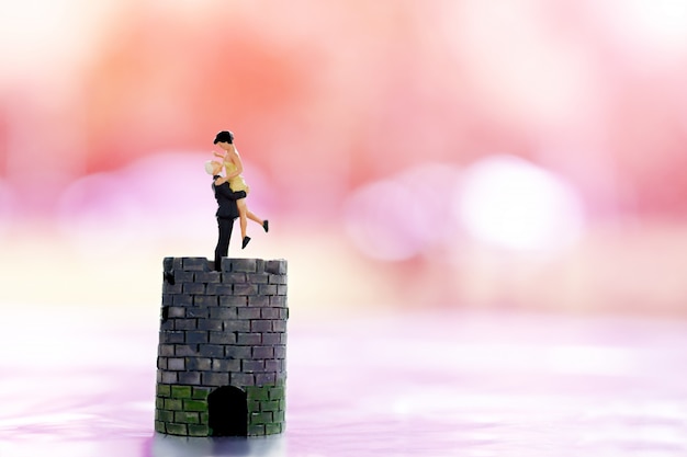 Miniature People Couple Lover Standing on castle and tiny House with pink background.