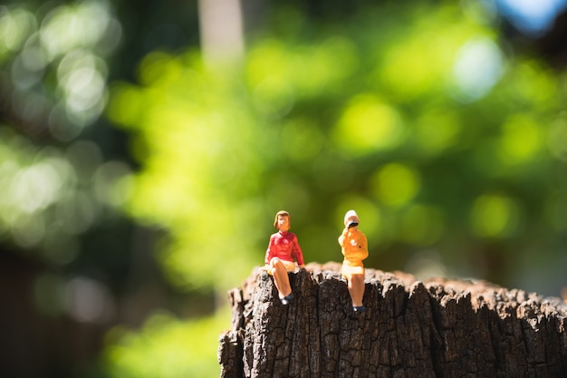 Miniature people, couple woman sitting on timber, woman sitting on green nature background using for