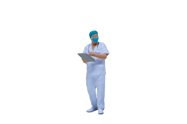 Miniature people Doctors with protective suits and masks on white background with clipping path