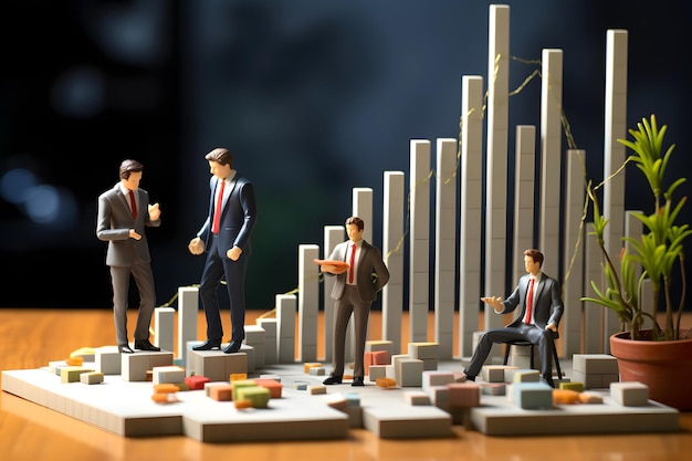 miniature people figure of a businessman with a graphic indicator of sales growth and income