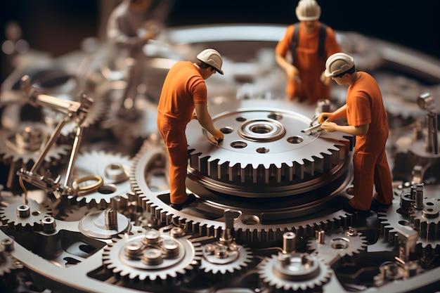 miniature people figures of male workers repairing gear mechanisms industry and business production