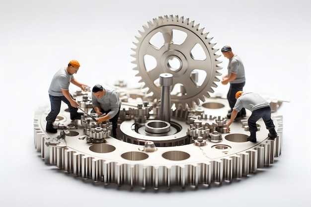 miniature people figures of male workers repairing gear mechanisms industry and business production