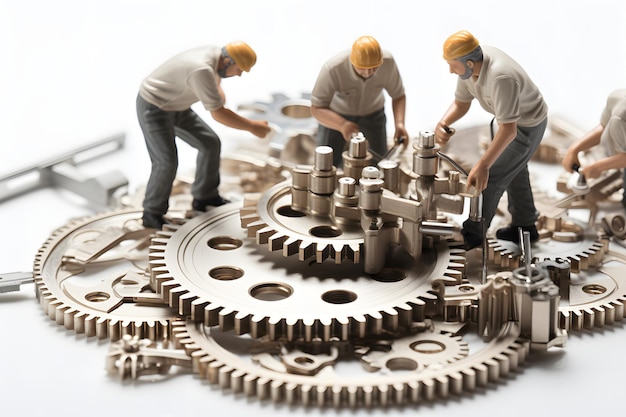 miniature people figures of male workers repairing gear mechanisms industry and business