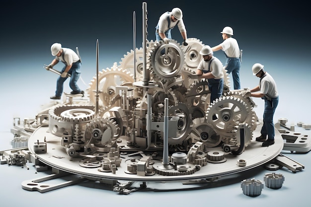 miniature people figures of male workers repairing gear mechanisms industry