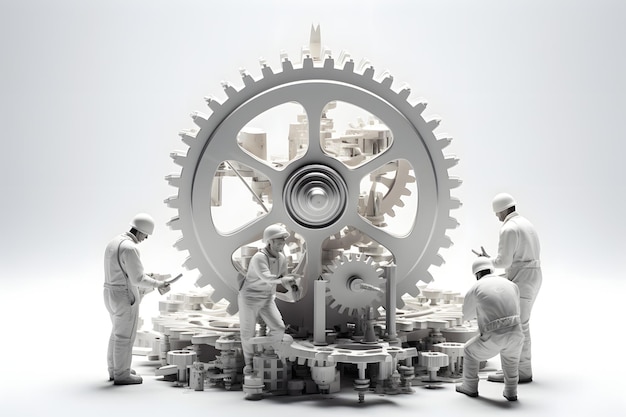 miniature people figurines of working men working with gear mechanisms industry and production