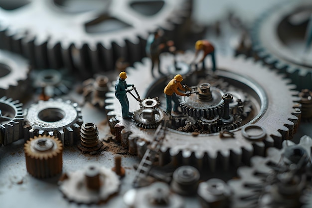 miniature people figurines of working men working with gear mechanisms industry and production