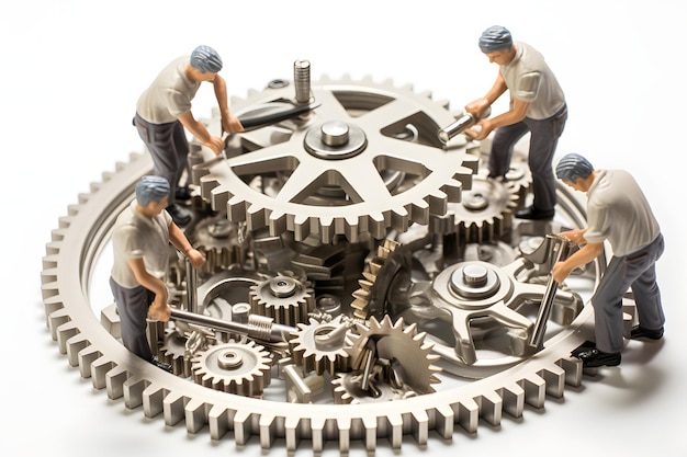 miniature people figurines of working men working with gear mechanisms industry and production