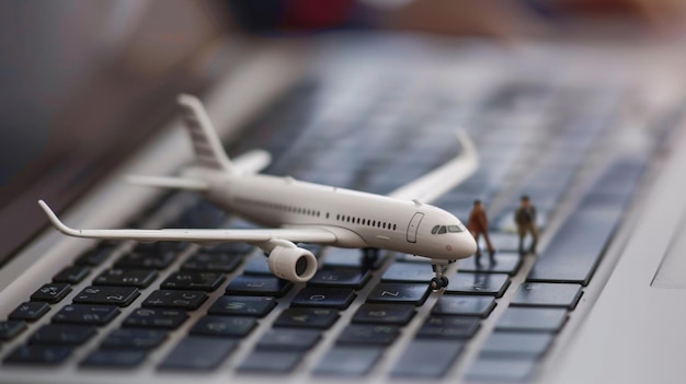 Miniature people planning a trip on laptop keyboard