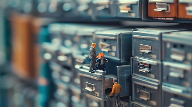 Miniature people stand on file cabinet drawers representing data storage