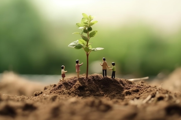 Miniature people standing around a tree on a green background