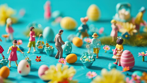 Miniature people with colorful easter eggs and flowers on blue background