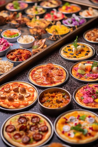 Miniature pizzas with different toppings on a large baking tray created with generative ai