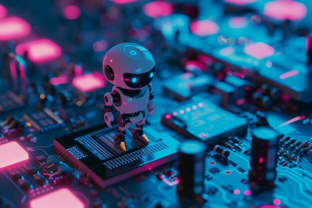 A miniature robot standing on an illuminated motherboard representing advanced technology and AI amidst a glowing futuristic backdrop