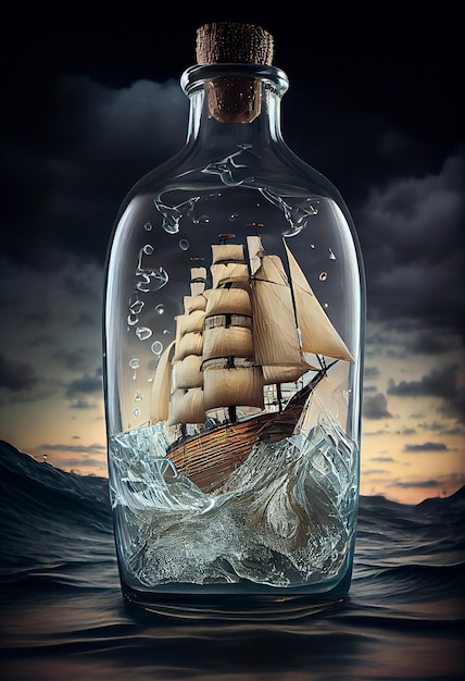 Miniature sailboat in a glass bottle with the brave sea