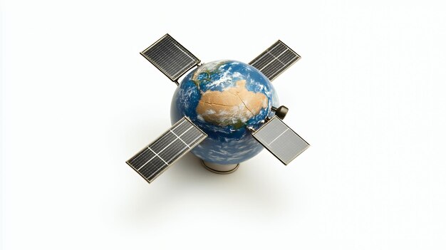 Photo a miniature satellite model with solar panels orbiting a globe of earth