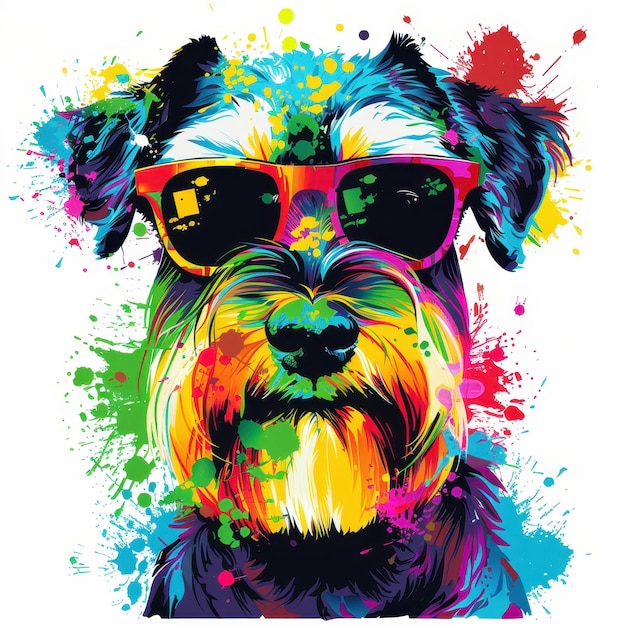 Miniature Schnauzer dog wearing sunglasses in colorful pop art style