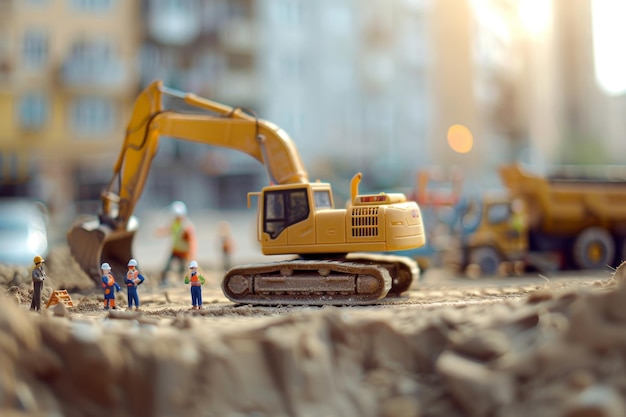 Miniature Sculptures Small Workers Yellow Excavator