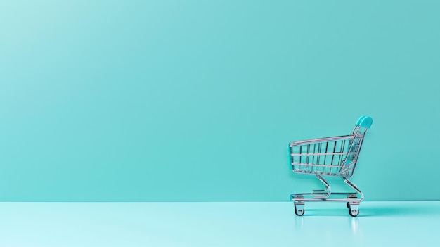 Photo miniature shopping cart on a blue background