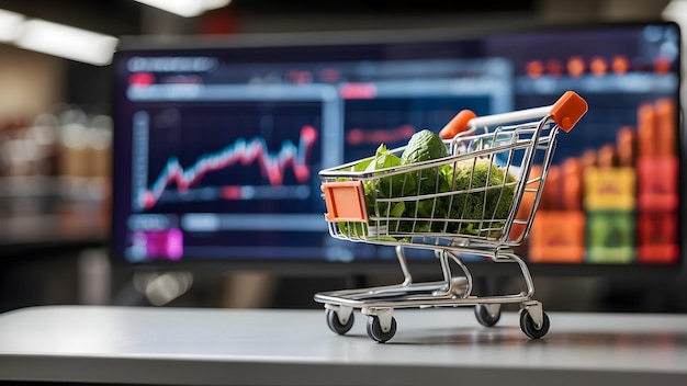 A miniature shopping cart filled with groceries with financial charts background Retail industry