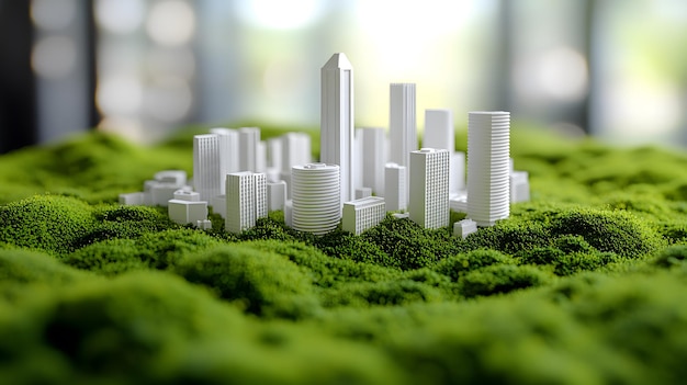 Photo miniature skyscraper models architectural scale model white 3dprinted buildings vibrant green moss b