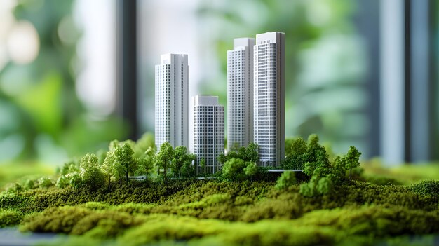 Miniature skyscraper models architectural scale model white 3Dprinted buildings vibrant green moss b