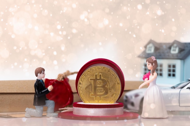 Miniature small doll of couple lovers propose for marriage with romantic valentine moment with background of document asset house car vehicle metaphor concept trade love money bitcoin cryptocurrency