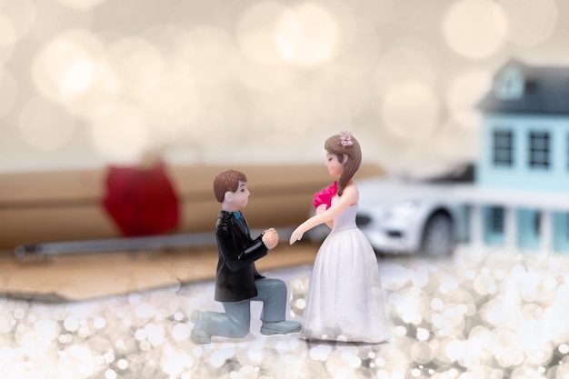 Miniature small doll of couple lovers propose for marriage with romantic valentine moment with background of document asset house car vehicle metaphor concept trade love money