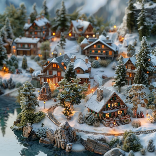 Photo miniature snowy village with houses trees and a river