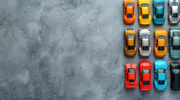 Photo miniature sport cars organized by color on concrete background