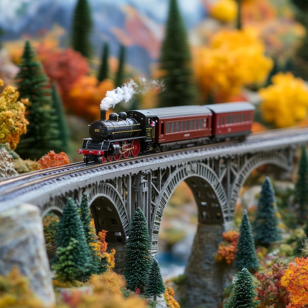 A miniature steam train model crossing a bridge surrounded by autumn foliage