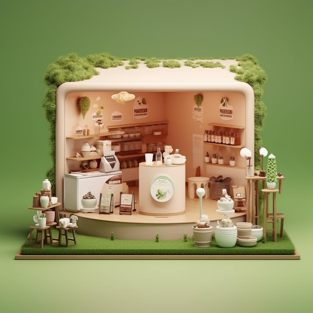 A miniature store with a green background and a sign that says'organic '