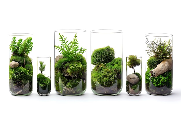 Miniature Terrariums with Moss Ferns and Driftwood in Glass Cylinders