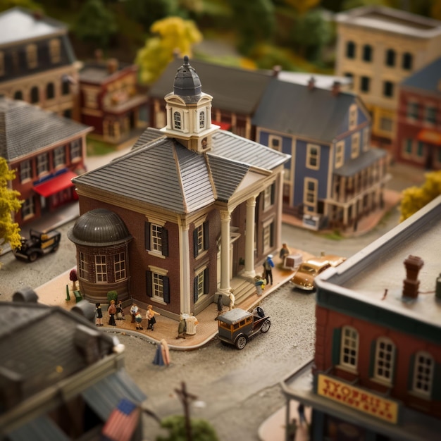 A miniature town model with a courthouse shops and cars