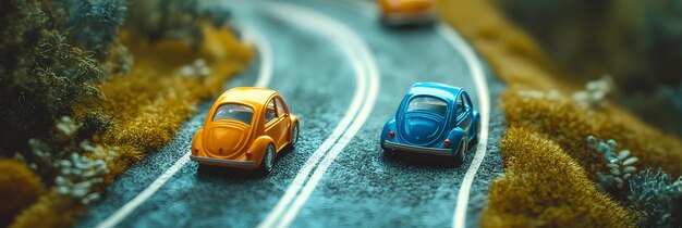 Photo miniature toy cars on a winding road