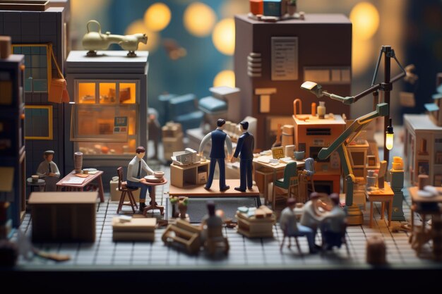 Photo a miniature toy office business concept chaotic figures on the table