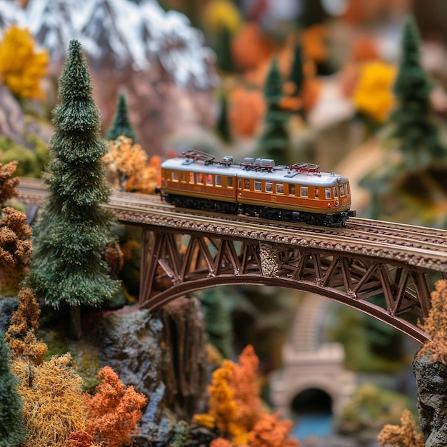 A miniature train travels over a bridge in a model landscape